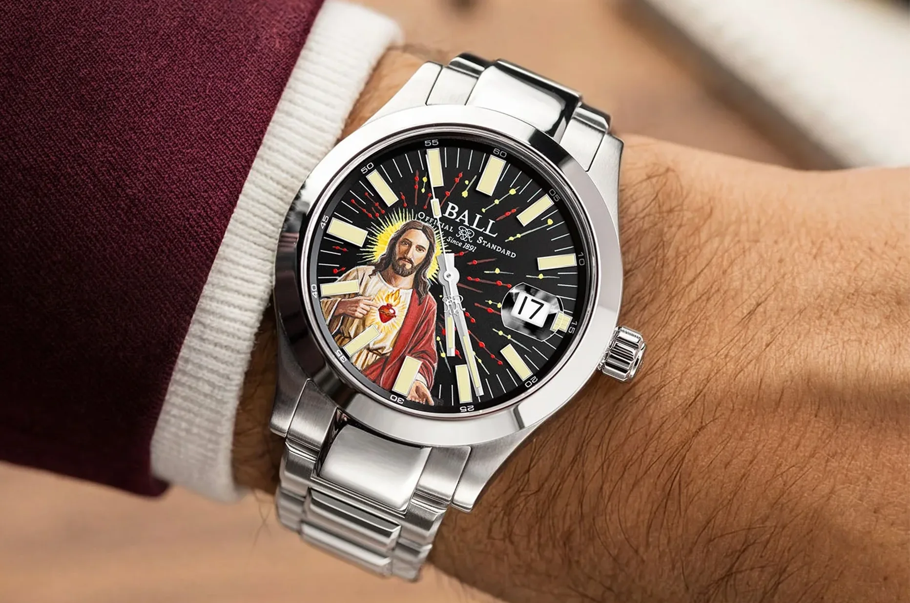 Pánské náboženské hodinky BALL Engineer M Ascension 40 mm s vyobrazením Krista na černém ciferníku
