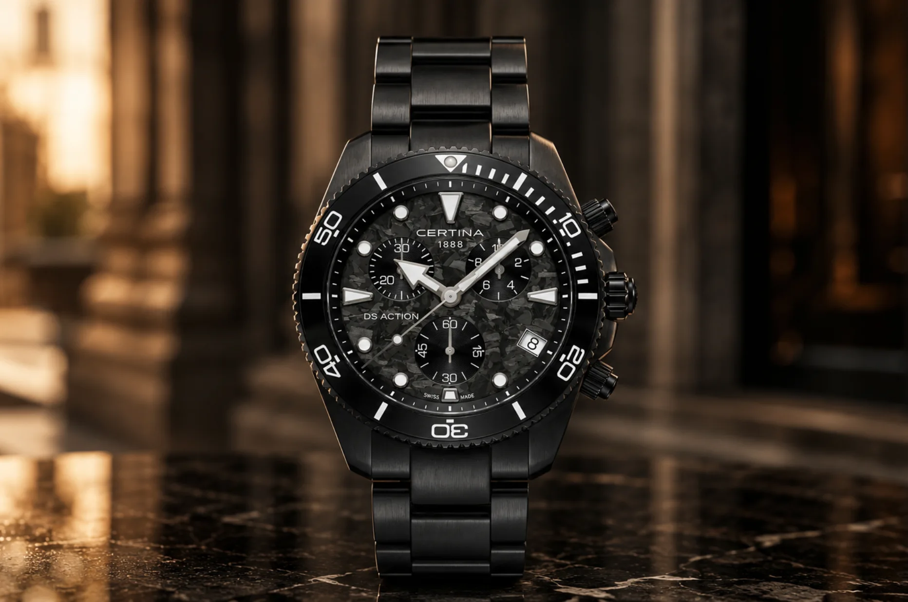Potápěčské hodinky Certina DS Action Chrono s ciferníkem z uhlíkového vlákna jako praktický dárek pro tatínka