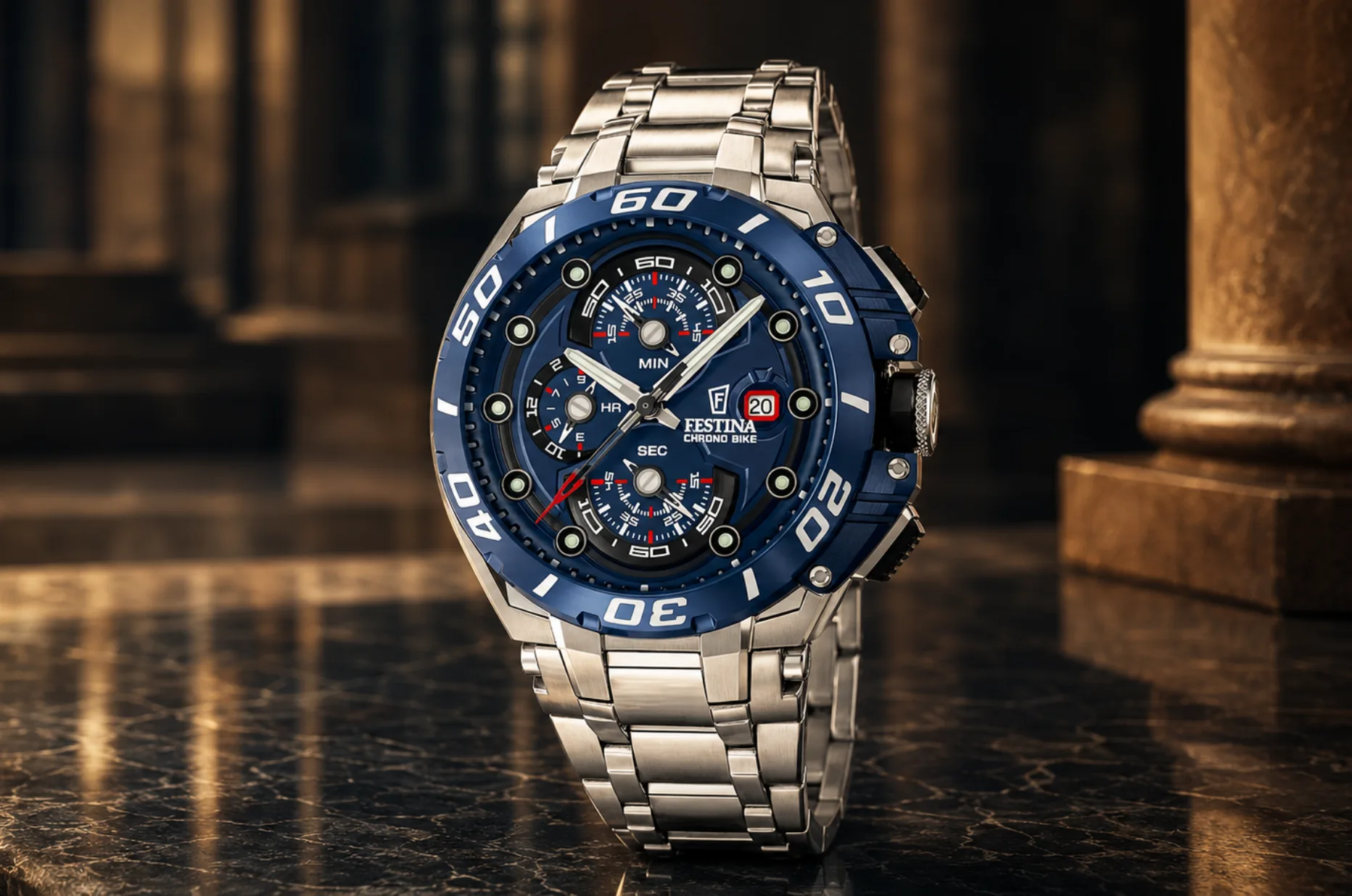 Tip na dárek pro tatínka jezdícího na kole - sportovní hodinky Festina Chrono Bike 2026 s modrým ciferníkem a chronografem