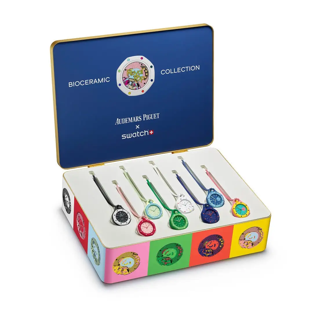 Kolekce AP x Swatch Royal POP – všechny dostupné verze hodinek v kufříku