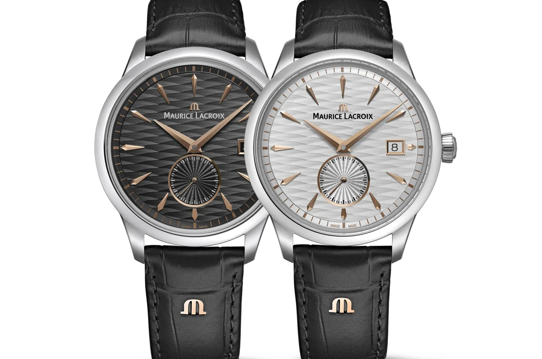 Dvoje hodinky Maurice Lacroix 1975 Legacy se stříbřitým a břidlicově šedým číselníkem