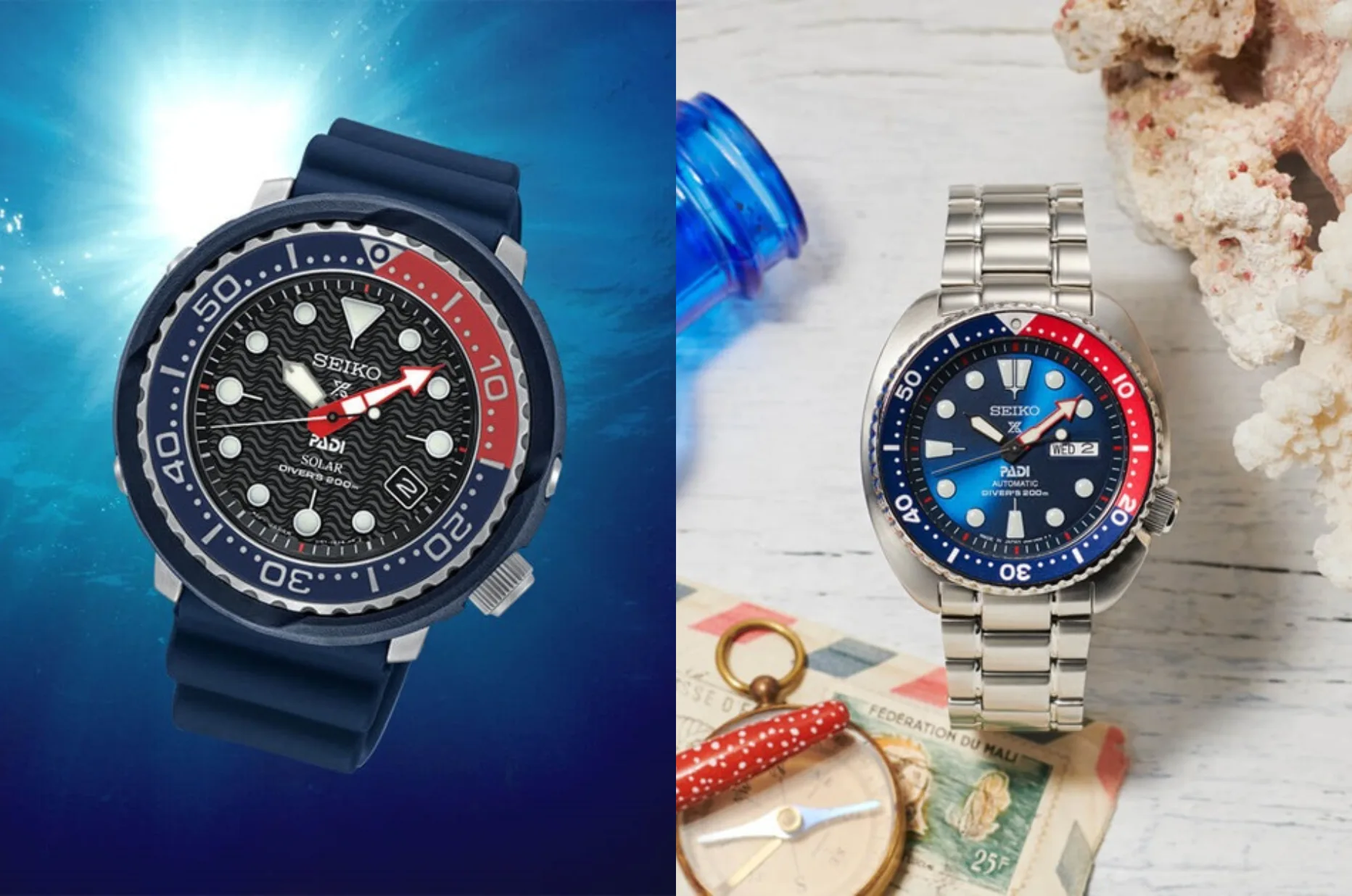 Starší modely potápěčských hodinek Seiko v barvách organizace PADI