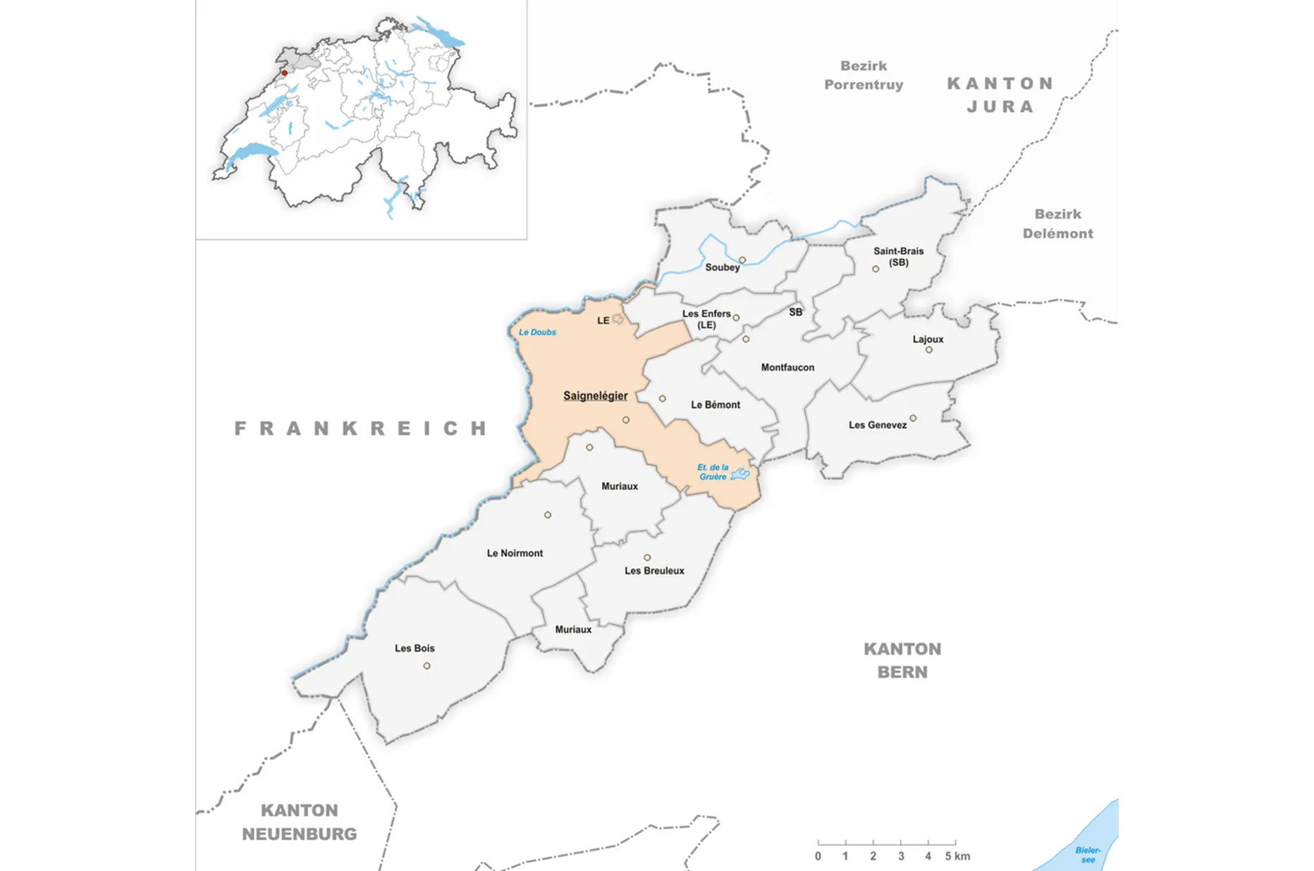Mapa regionu Saignelégier ve švýcarské Juře, sídla Maurice Lacroix