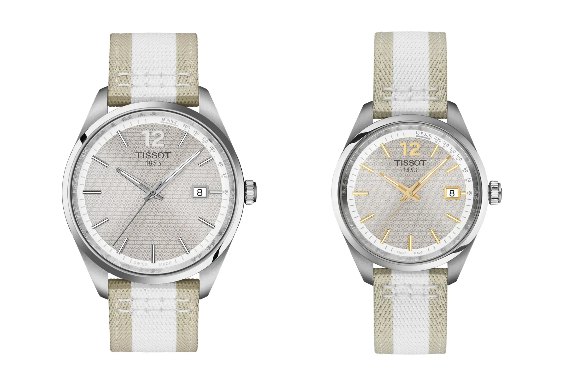 Hodinky Tissot PR 100 Cycling 34 mm a 40 mm se šedým ciferníkem a bílo-béžovým textilním řemínkem