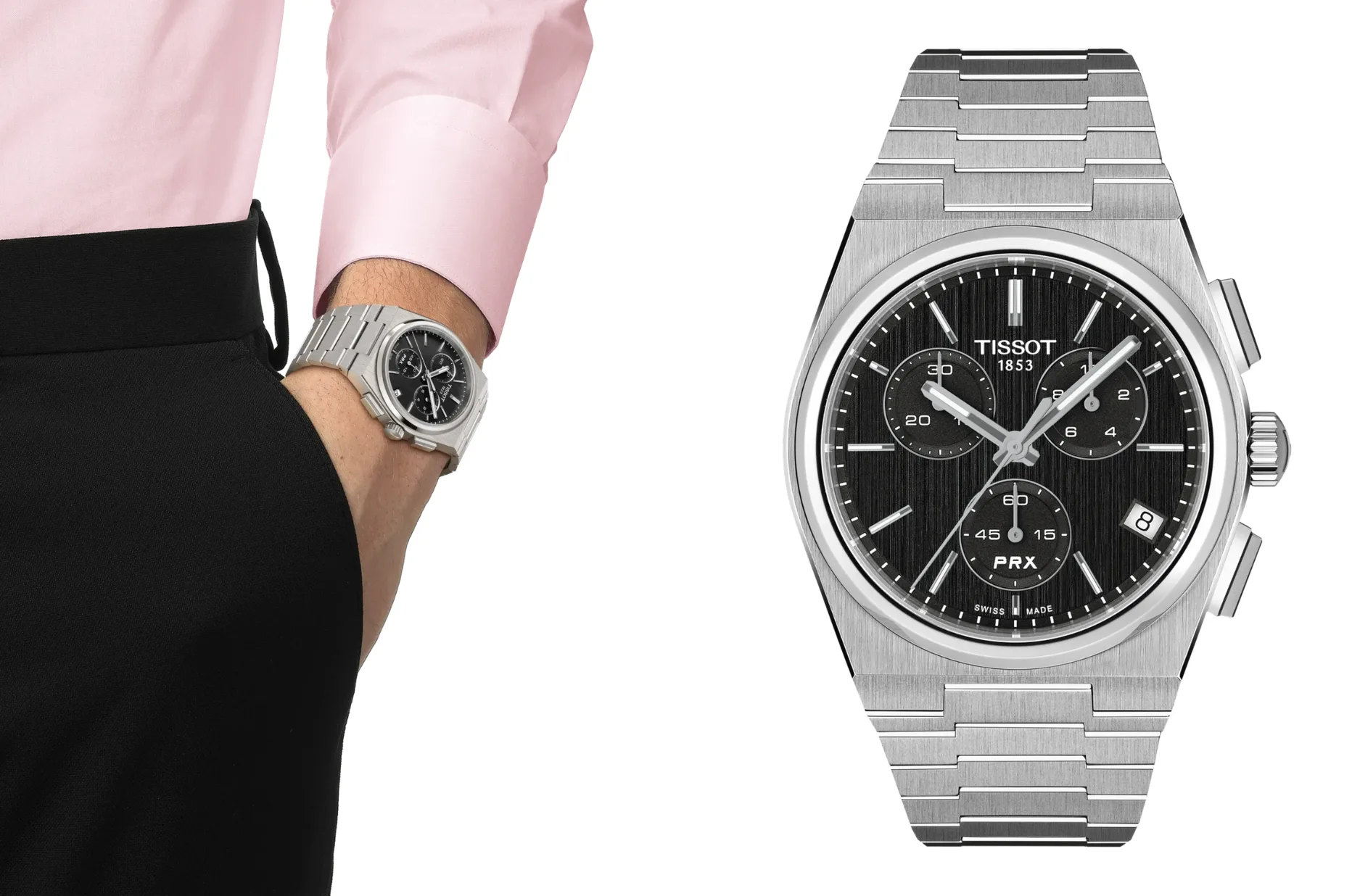 Černý Tissot PRX Quartz Chronograph 41 mm na pánském zápěstí