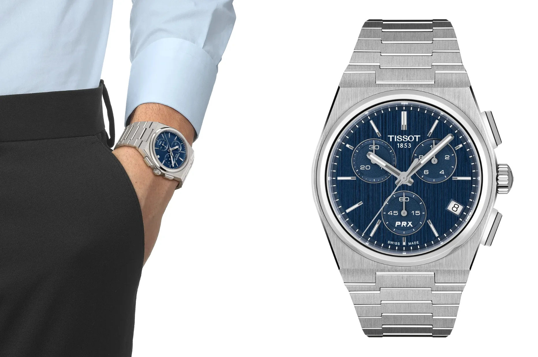 Modré pánské hodinky Tissot PRX Quartz Chronograph na ocelovém náramku