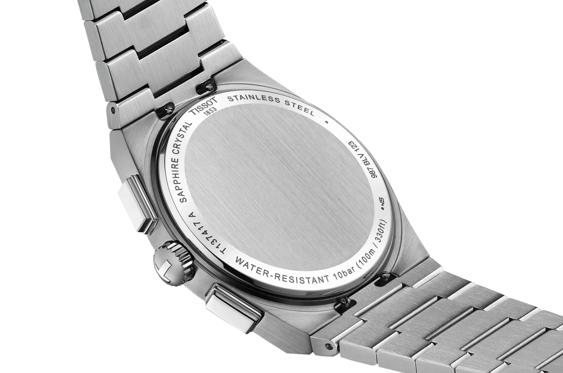 Tissot PRX Quartz Chronograph - ocelové zadní víčko hodinek a tlačítka quartzového chronografu
