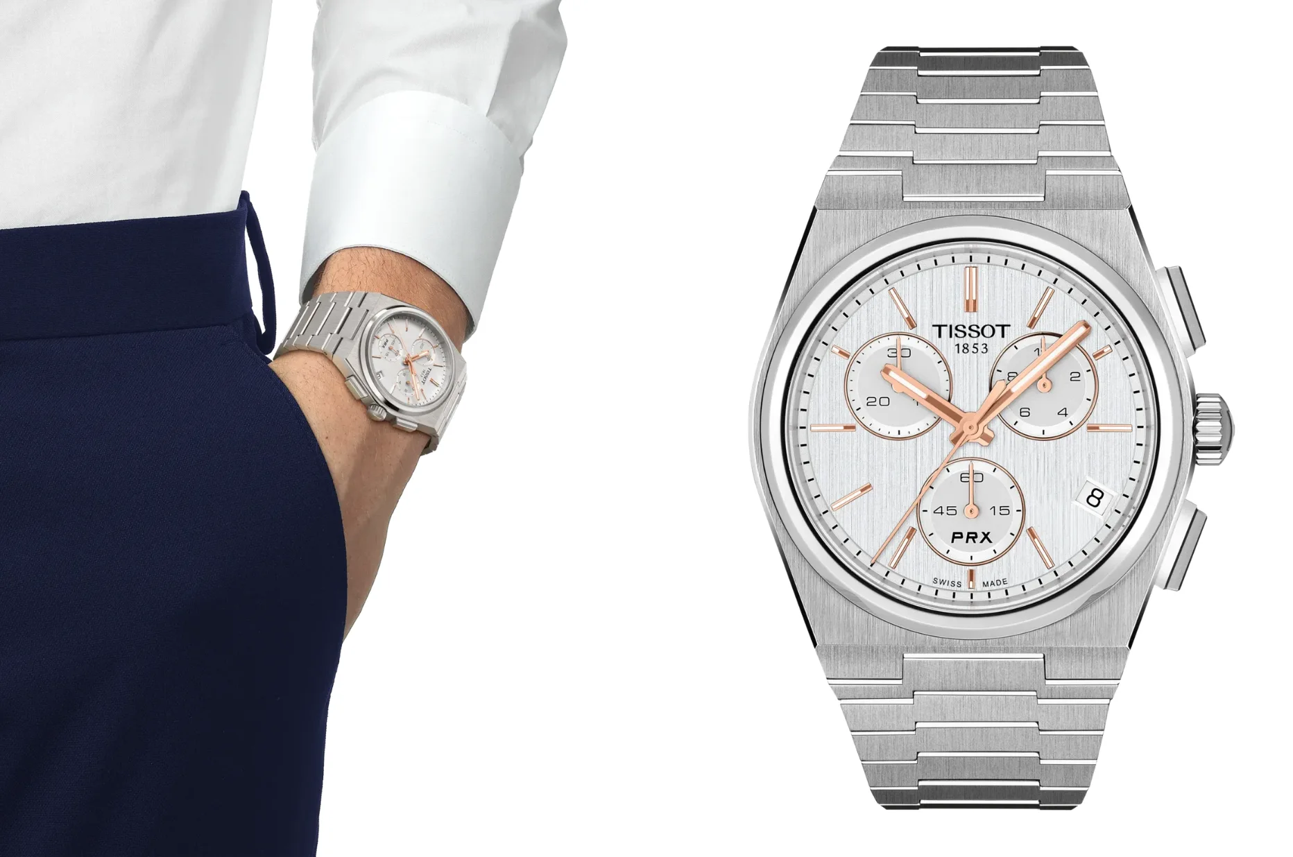 Tissot PRX Quartz Chronograph se stříbrným číselníkem a akcenty v barvě růžového zlata