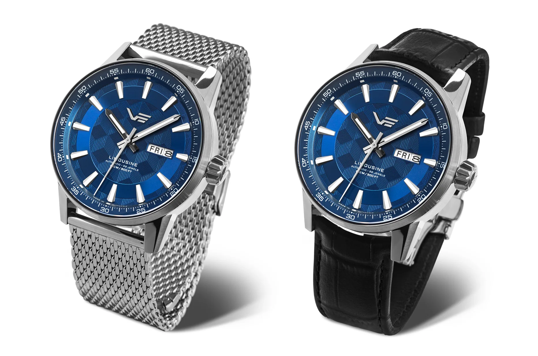 Vostok Europe Limousine 2.0 Automatic Day Date s modrým ciferníkem na náramku mesh a koženém řemínku
