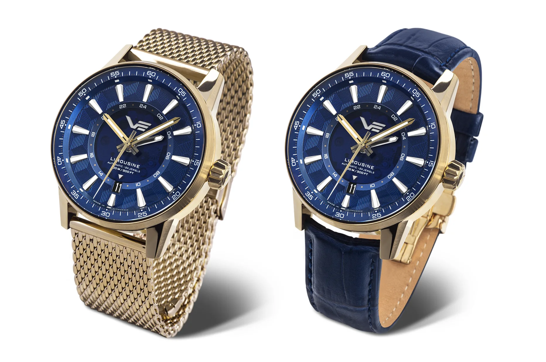Vostok Europe Limousine 2.0 Automatic GMT s modrým ciferníkem na zlatém náramku mesh a koženém řemínku