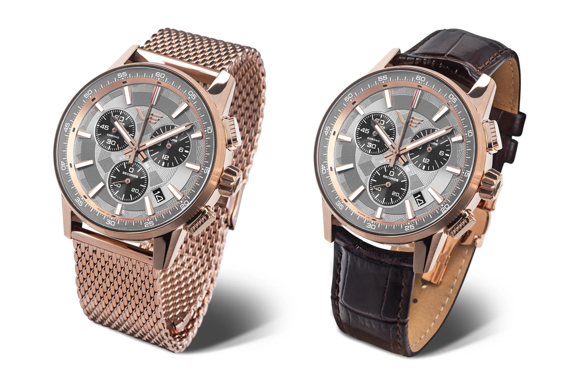 Vostok Europe Limousine 2.0 Chronograph se šedým ciferníkem a pouzdrem v barvě růžového zlata na náramku mesh a koženém řemínku