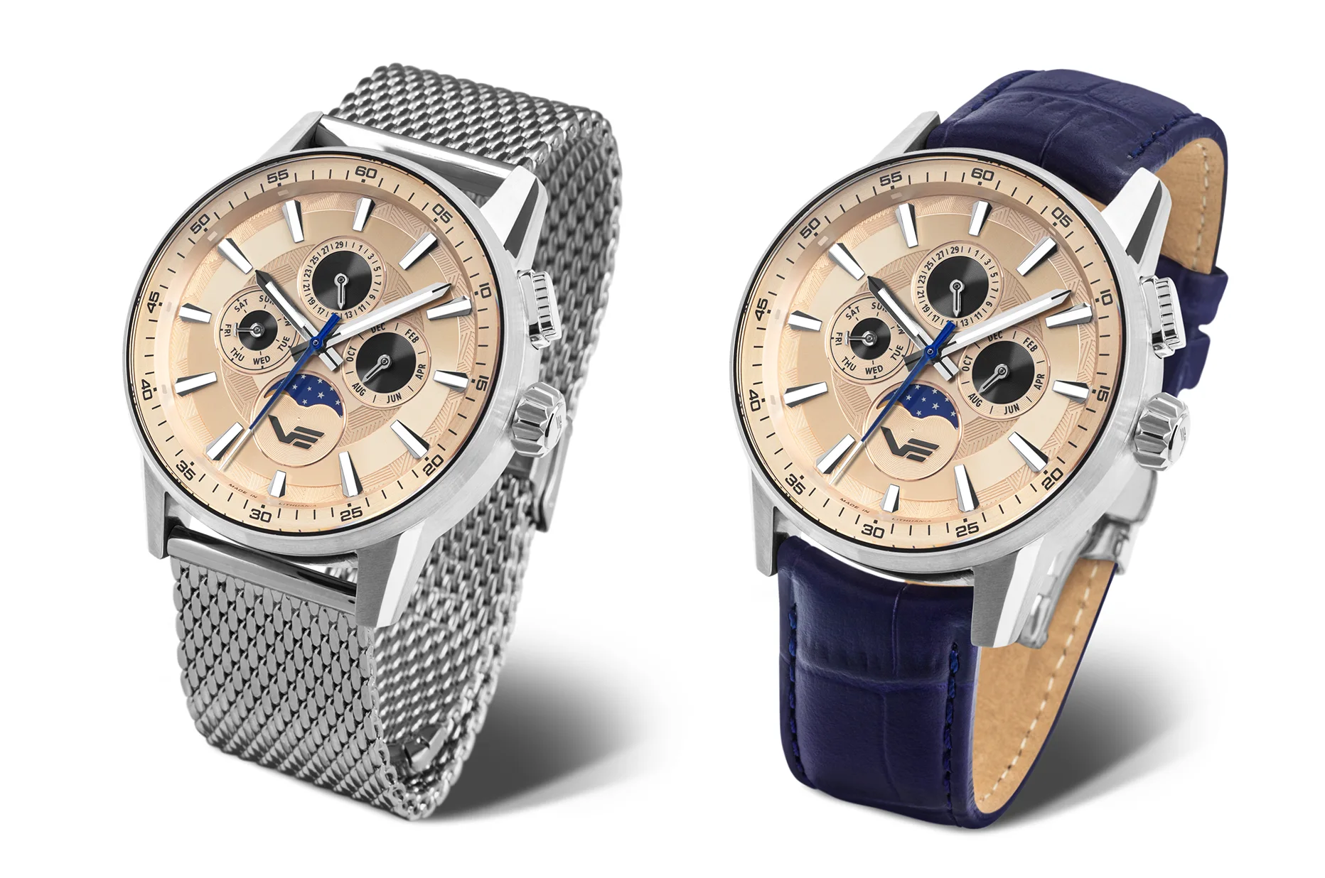 Vostok Europe Limousine 2.0 Moonphase s lososovým ciferníkem na náramku mesh a modrém koženém řemínku