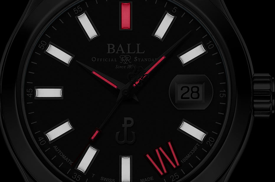 Hodinky Ball s bílo-červeným tritiovým podsvícením