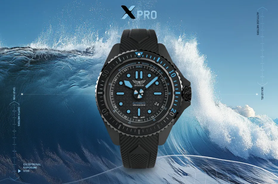 Hodinky Aviator XPRO Dive Breather 300 Auto jsou vytvořené pro práci ve výškách i v hlubinách, se silikonovým řemínkem a keramickou lunetou