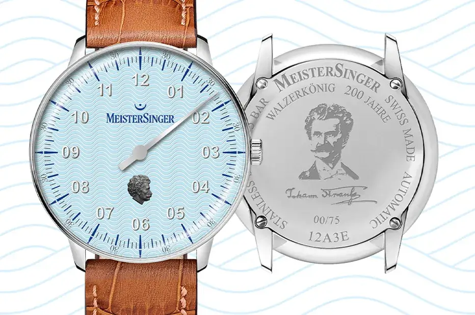 Hodinky MeisterSinger Johann Strauss Neo – světle modrý číselník a gravírované dýnko s portrétem Strausse