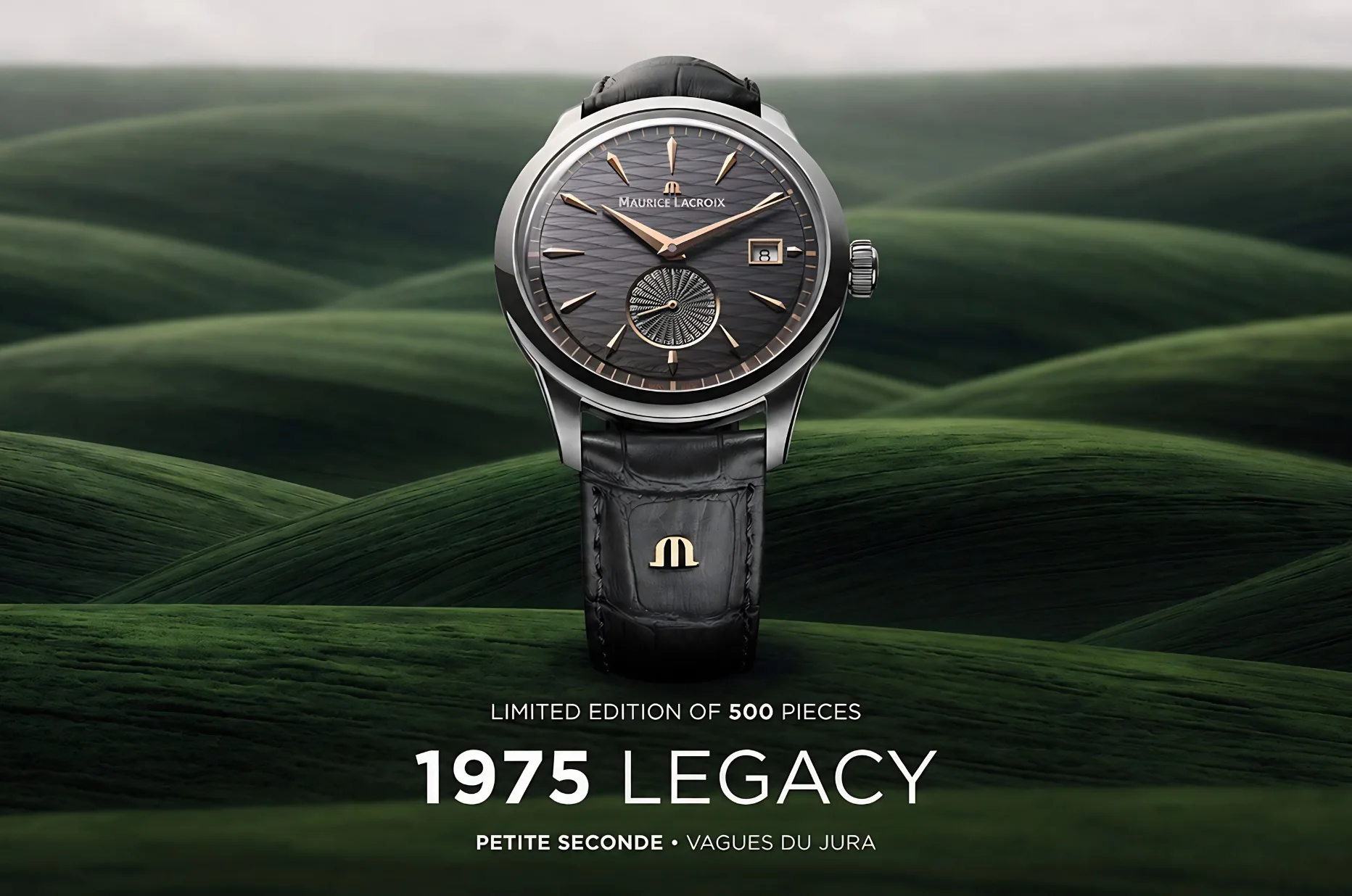 Limitované hodinky Maurice Lacroix 1975 Legacy Limited Edition na pozadí švýcarské Jury