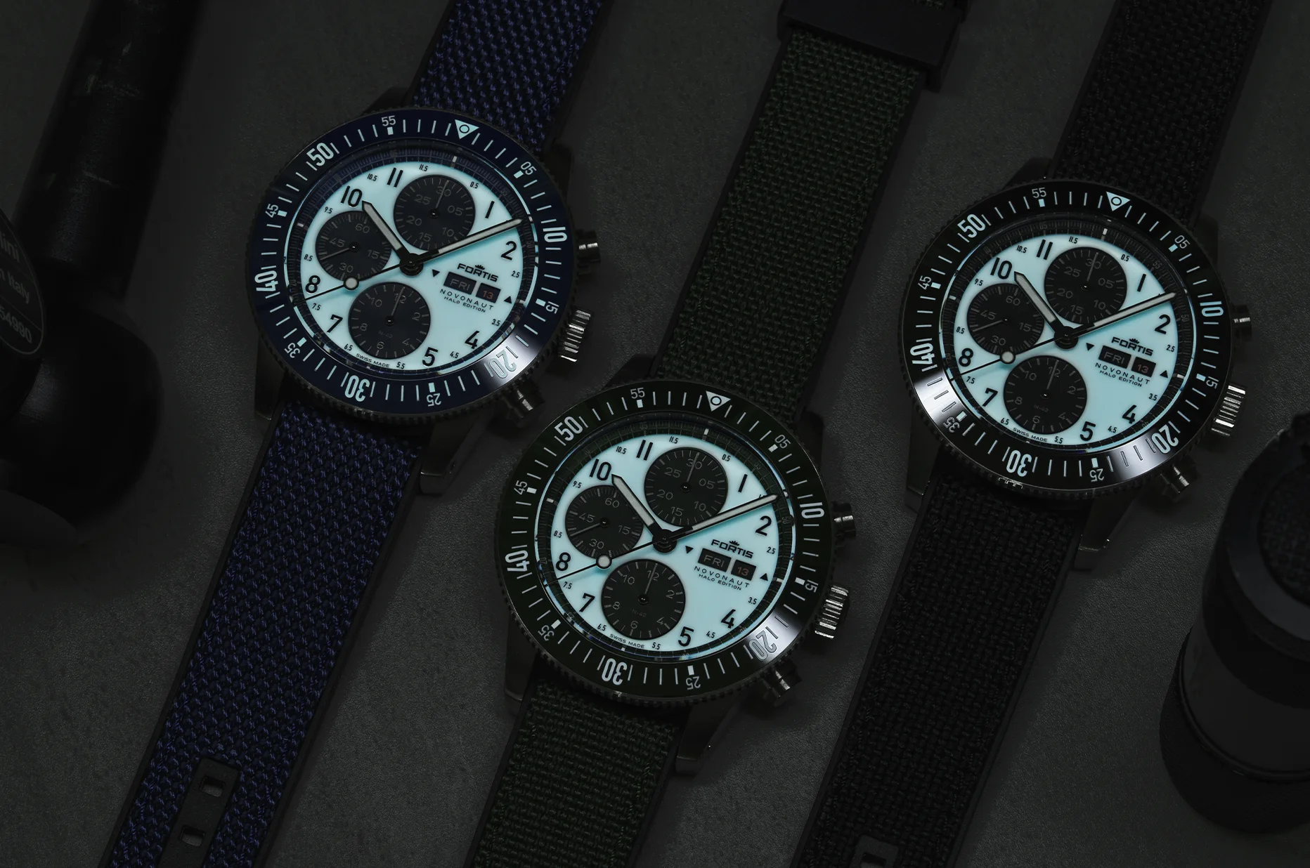 Fortis Novonaut N-42 Halo Edition - tři chronografy Black, Blue a Green s luminiscenčními číselníky