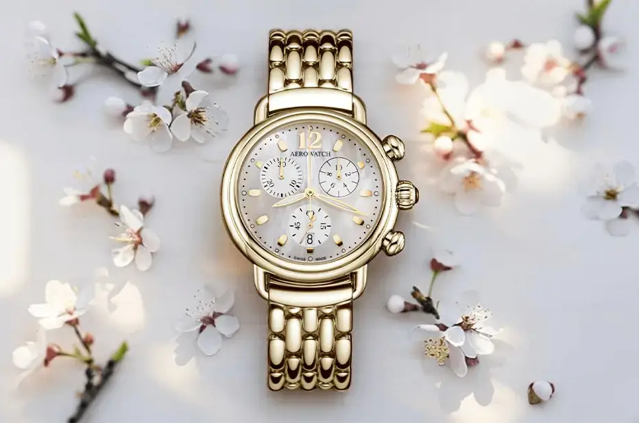 Zlaté šperkové hodinky Aerowatch Chronolady 1942 Yellow Gold
