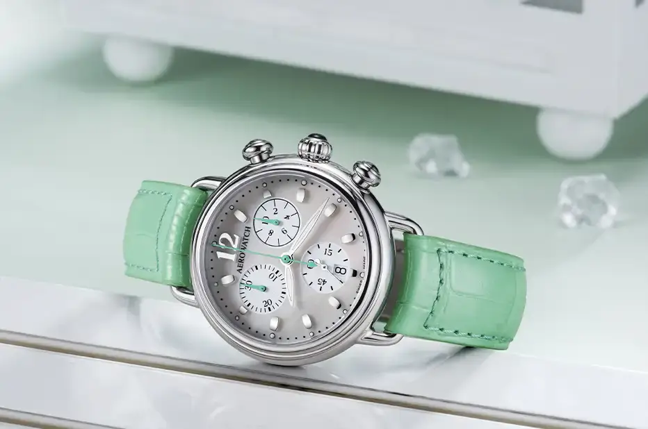Hodinky Aerowatch Chronolady 1942 Pastel Green A 81105 AA03 se zeleným řemínkem