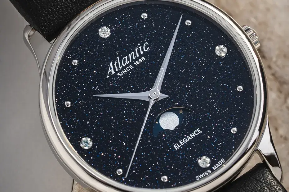 Dámské hodinky Atlantic s ciferníkem z aventurinu a fázemi Měsíce