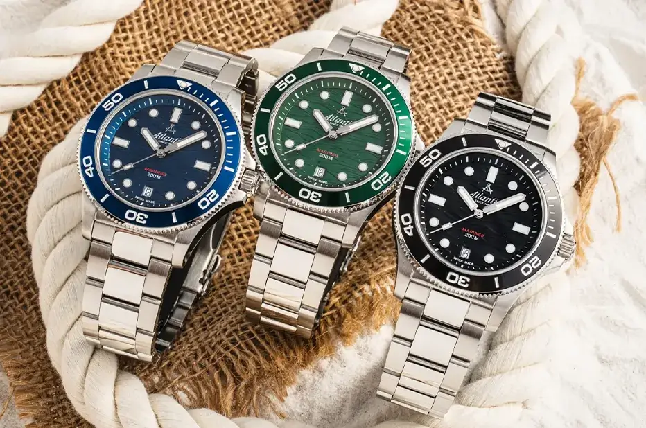 Hodinky Atlantic Mariner Wave Quartz – modré, zelené a černé potápěčské modely na ocelovém náramku