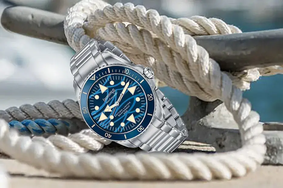 Potápěčské hodinky Eberhard Scafograf 200 Onde Bleue Limited Edition na ocelovém náramku – exkluzivní diver v námořním aranžmá s kotevním lanem