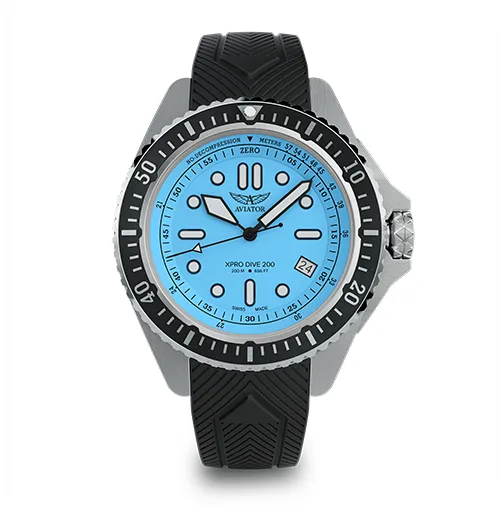 Hodinky Aviator XPRO Dive 200 M s modrým ciferníkem a černým silikonovým řemínkem, švýcarské hodinky pro vysokohorské potápění