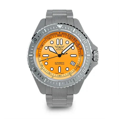 Hodinky Aviator XPRO Dive 300 M Auto s oranžovým ciferníkem a ocelovým tahem, automatické potápěčské hodinky Swiss Made s voděodolností 300 metrů