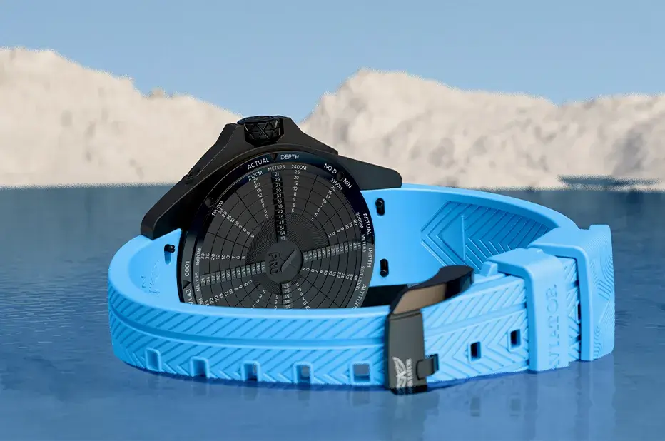 Zadní víko hodinek Aviator XPRO Dive s gravírovanou tabulkou NDL a označením hloubky ponoru
