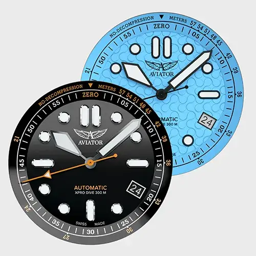 Detail ciferníku Aviator XPRO Dive s vyznačenou bezdekompresní stupnicí