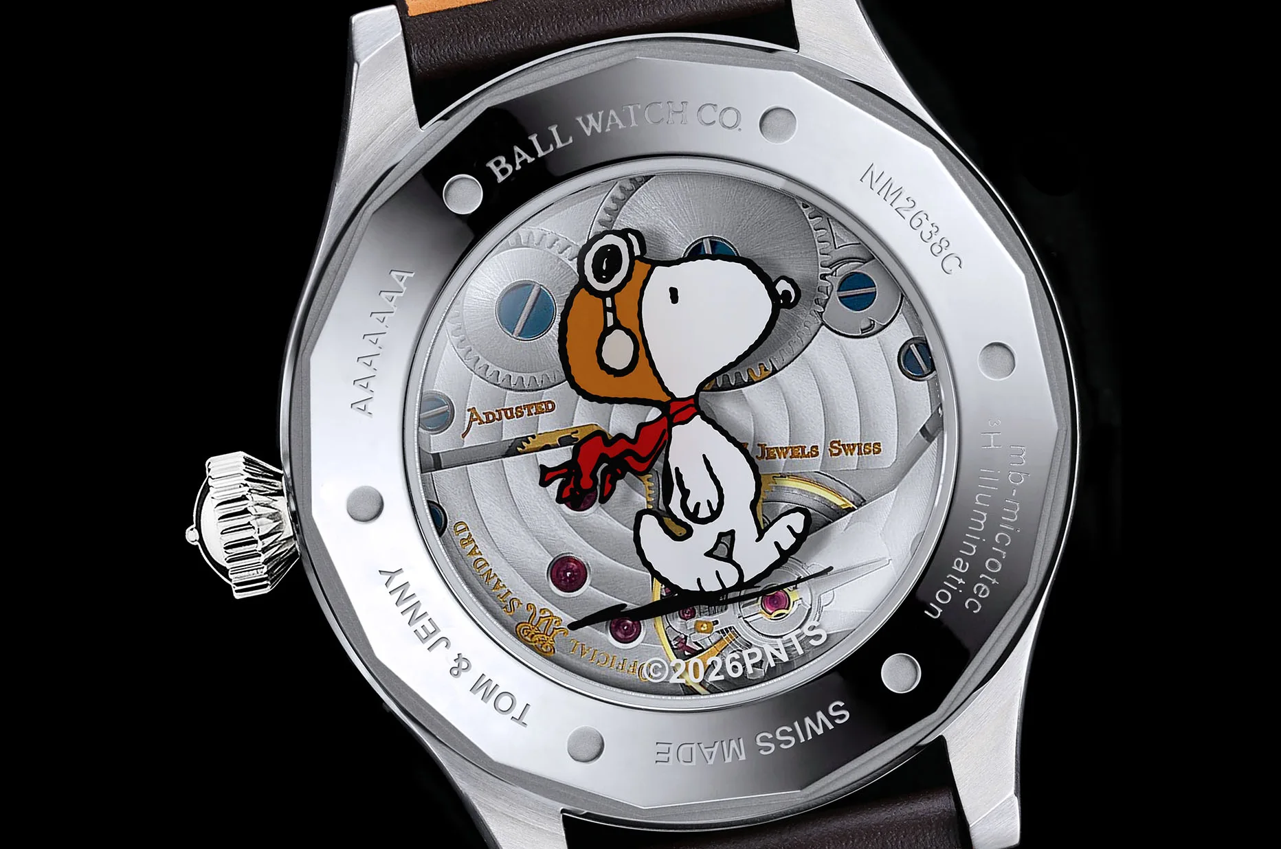 Průhledné dýnko hodinek BALL Snoopy Flying Ace s ručně natahovaným strojkem RR2102 a grafikou Snoopyho