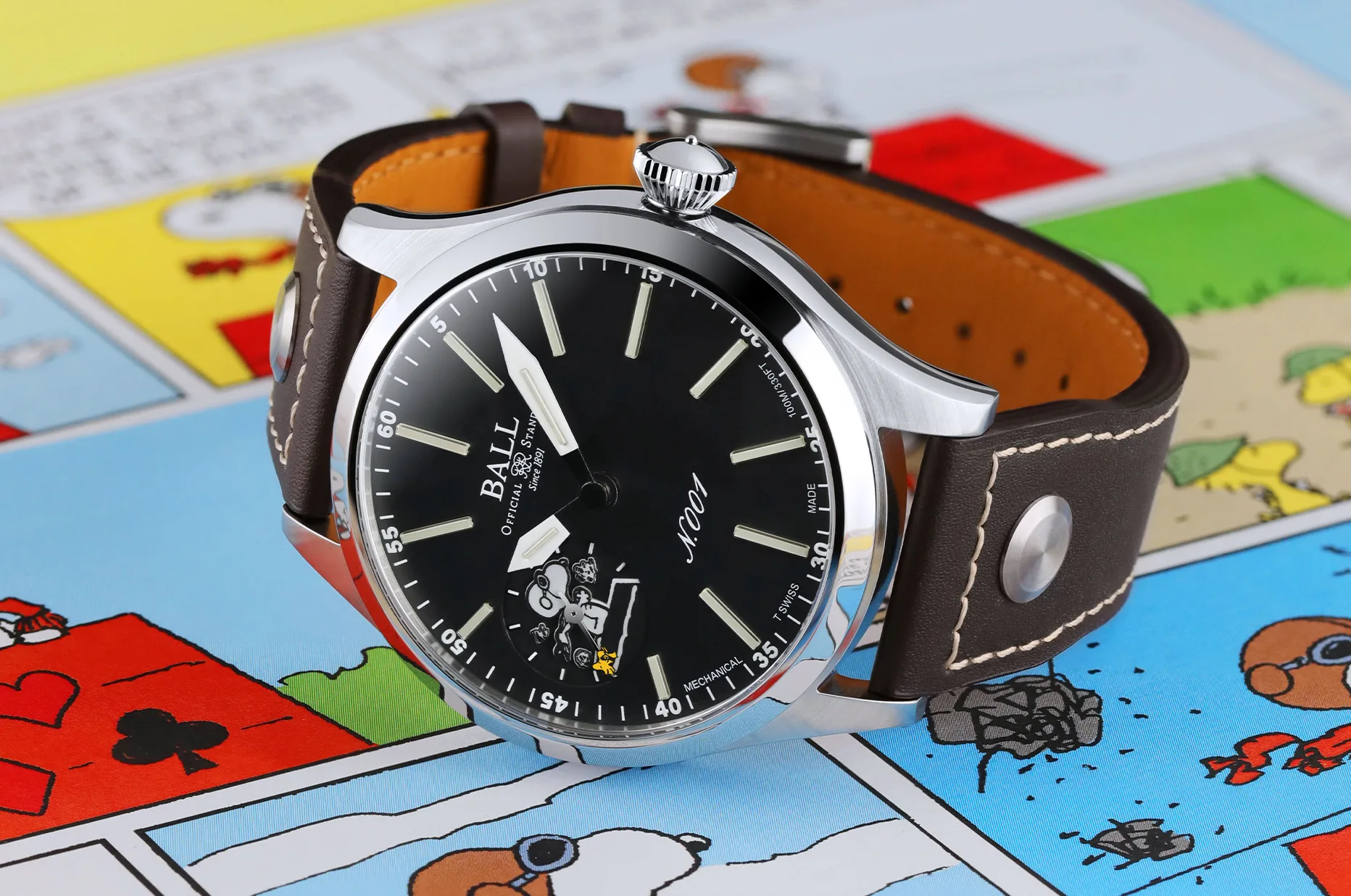 Limitované hodinky BALL Snoopy Flying Ace NM2638C-L2J-BK na hnědém koženém řemínku