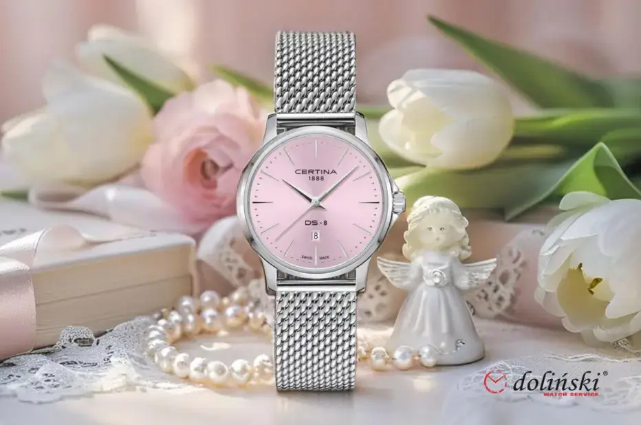 Stříbrné hodinky Certina DS-8 s růžovým ciferníkem a náramkem mesh – elegantní dárek ke svatému přijímání pro dívku