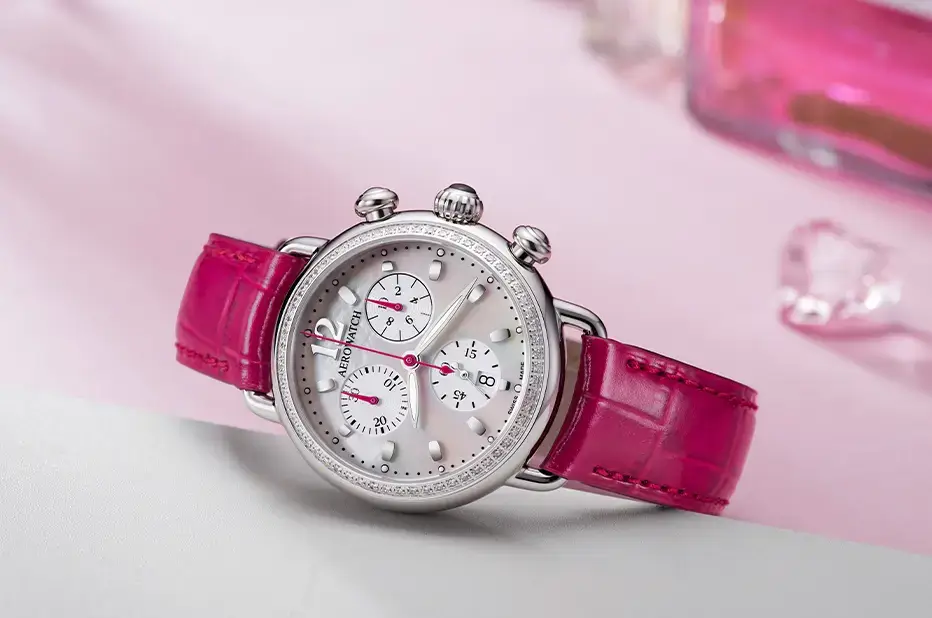 Aerowatch Chronolady 1942 Raspberry – model s diamanty, růžový řemínek a perleť