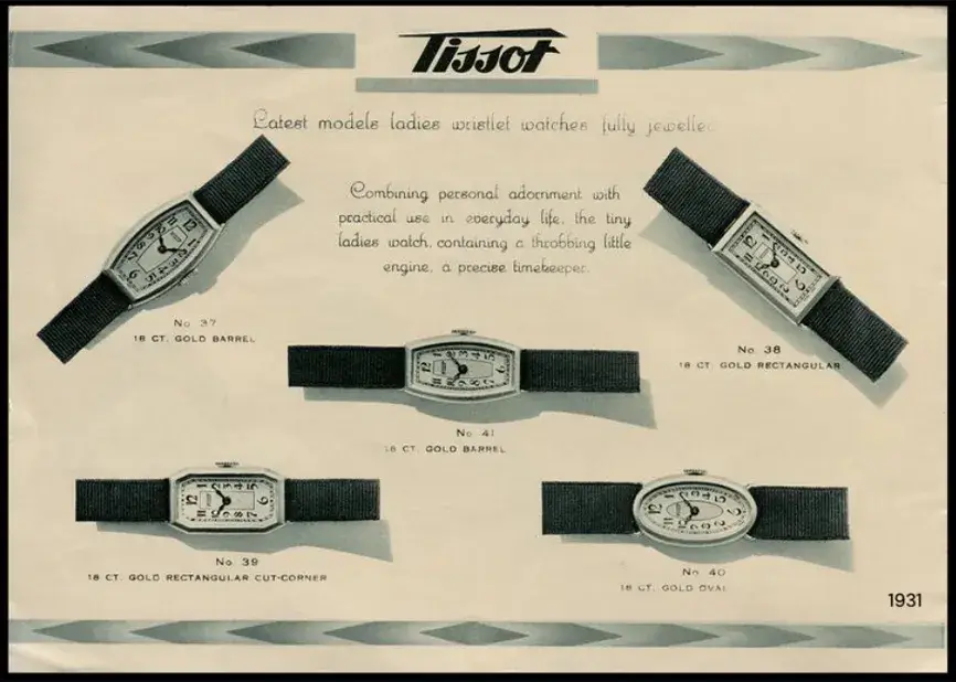 Katalog dámských hodinek Tissot z roku 1931 představující modely v různých tvarech pouzder – oválných, obdélníkových a soudkovitých, inspirovaných stylem Art Déco