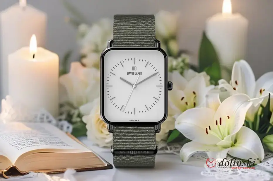 Minimalistické hodinky David Daper s obdélníkovým pouzdrem a zeleným páskem – moderní hodinky pro chlapce