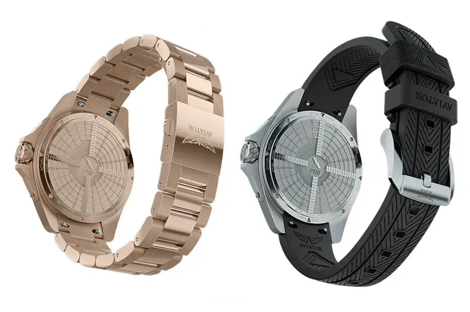 Dva varianty hodinek Aviator XPRO Dive – model s pozlaceným PVD náramkem a verze s ocelovým pouzdrem na černém silikonovém řemínku s UV nanopovlakem