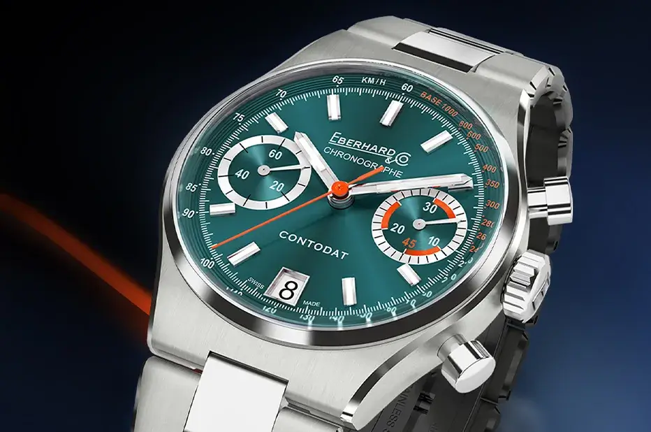 Hodinky Eberhard Contodat Chronographe se zeleným ciferníkem a integrovaným náramkem