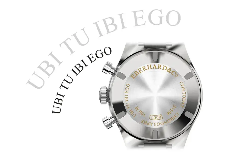 Dýnko hodinek Eberhard Contodat s vyrytým zlatým nápisem UBI TU IBI EGO