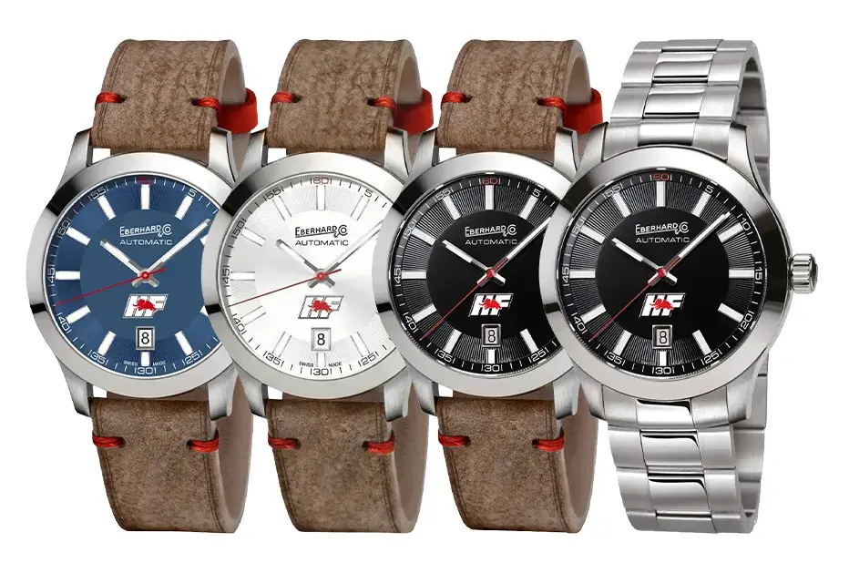 Limitovaná edice Eberhard Lancia Ypsilon HF 41048 s bílým, modrým a černým ciferníkem na vintage řemínku a ocelovém náramku