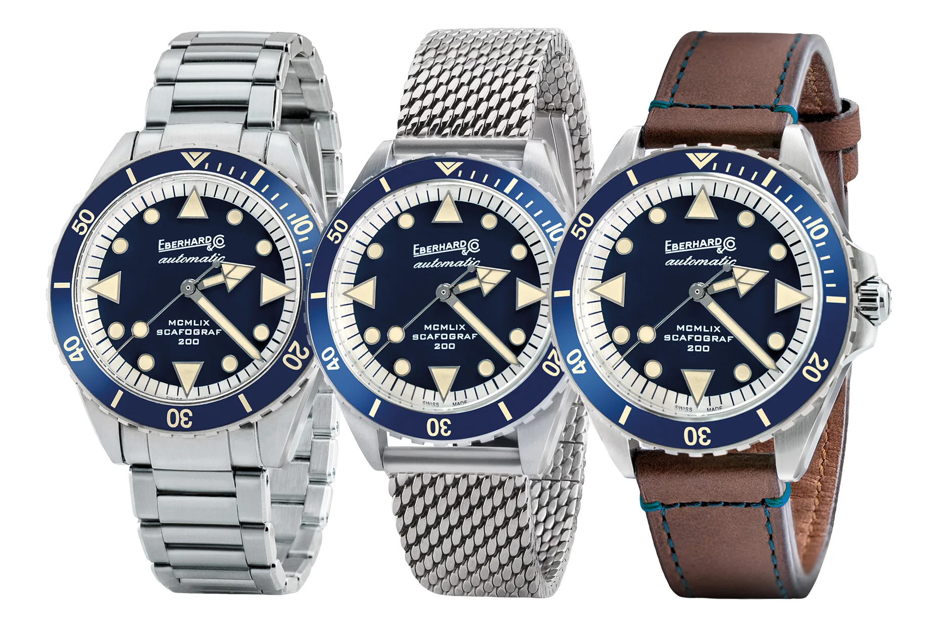 Eberhard Scafograf 200 MCMLIX na náramku Chassis, mesh náramku a koženém řemínku
