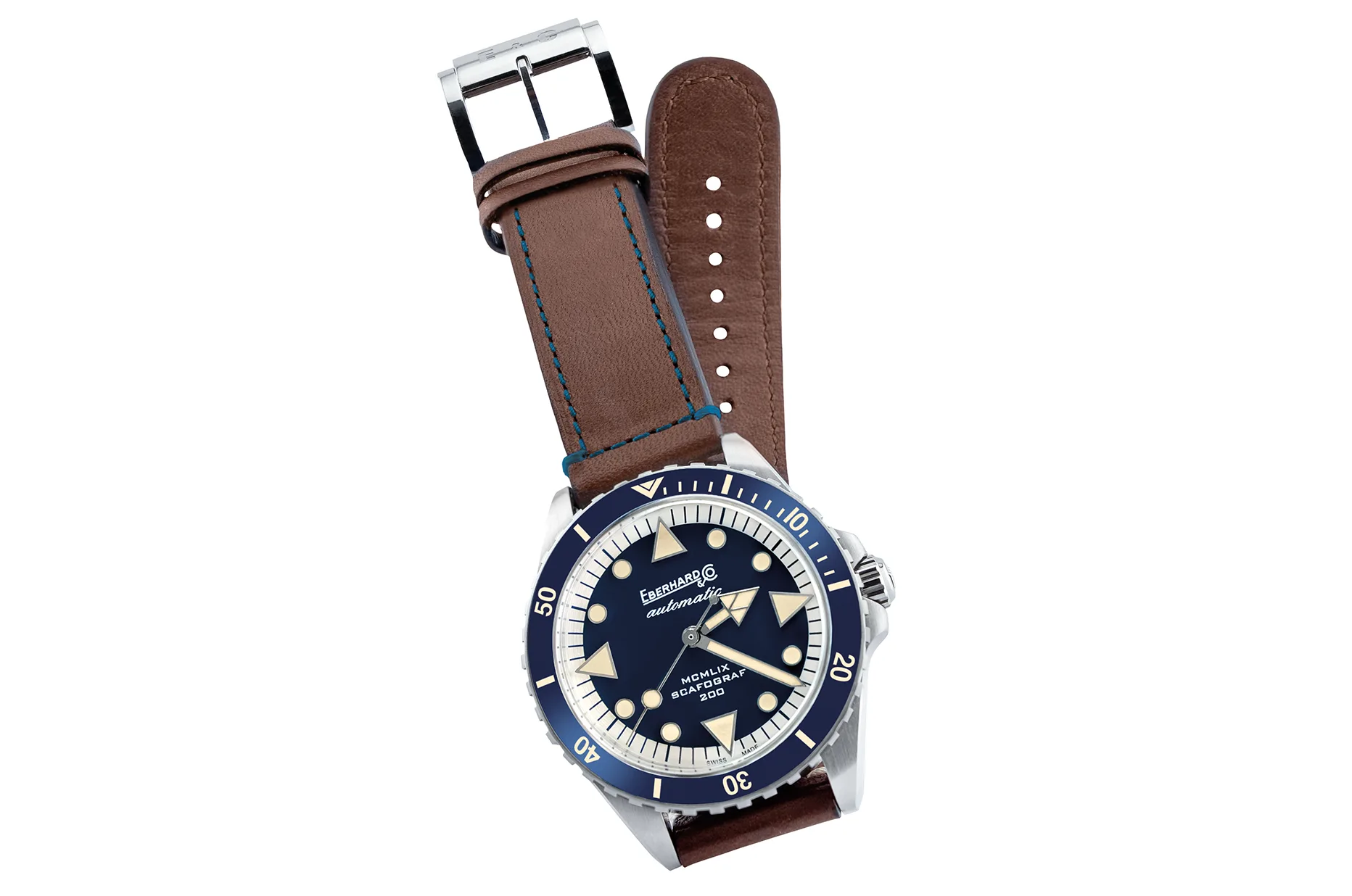 Potápěčské hodinky Eberhard Scafograf 200 MCMLIX 41047.04 CP s hnědým koženým řemínkem