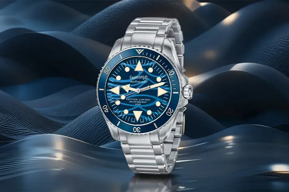 Eberhard Scafograf 200 Onde Bleue Limited Edition – potápěčské hodinky na ocelovém náramku Chassis®