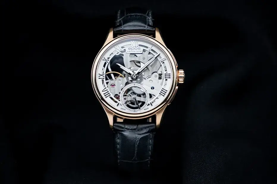 Limitované pánské hodinky Epos Originale Skeleton 3500 – pohled zepředu, kostrový ciferník s římskými číslicemi