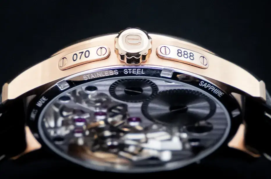 Limitované hodinky Epos Originale Skeleton 3500 s číslem 70 z 888 vyrytým na pouzdře