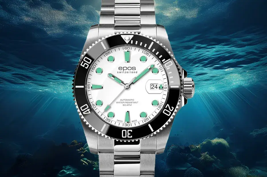 Epos Sportive Diver 3504 – švýcarské potápěčské hodinky 500 m s černou keramickou lunetou a bílým číselníkem