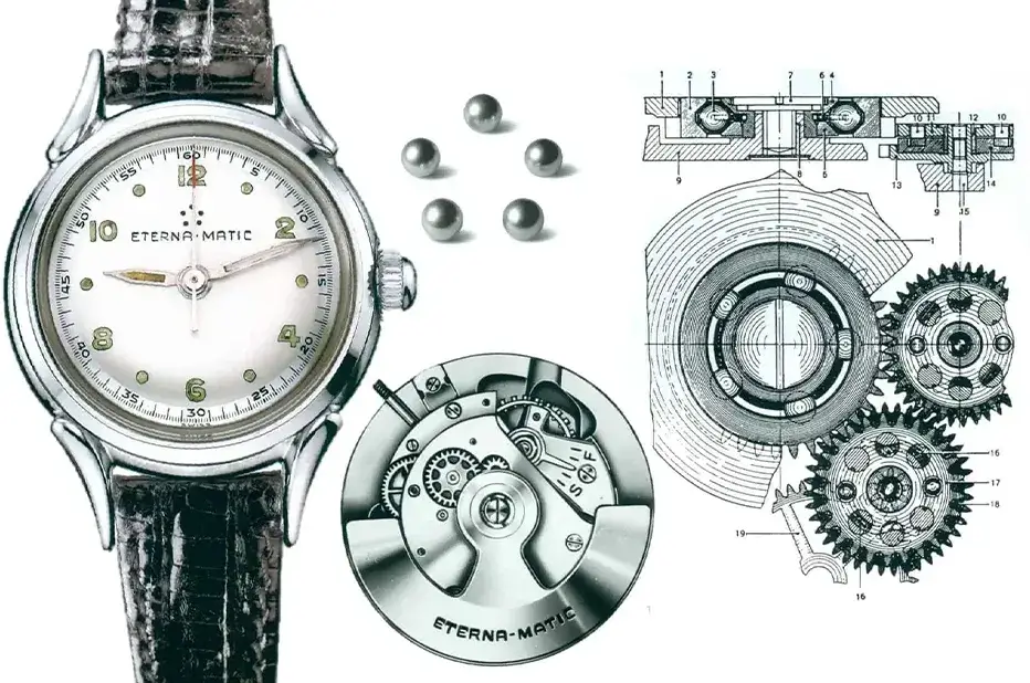 Pokročilý mechanismus ETA a systém Eterna‑Matic s rotorem uloženým na kuličkových ložiskách, poprvé představený v roce 1948.