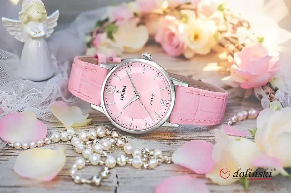 Klasické hodinky Festina s růžovým páskem a růžovým ciferníkem – ideální pro dívku k prvnímu svatému přijímání