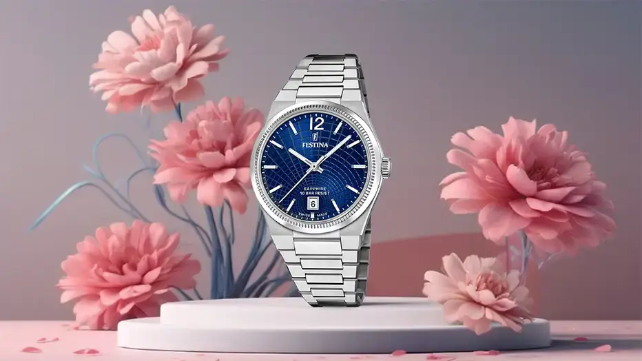 Hodinky Festina Swiss Made Rive s modrým ciferníkem a ocelovým náramkem – elegantní volba na Valentýna