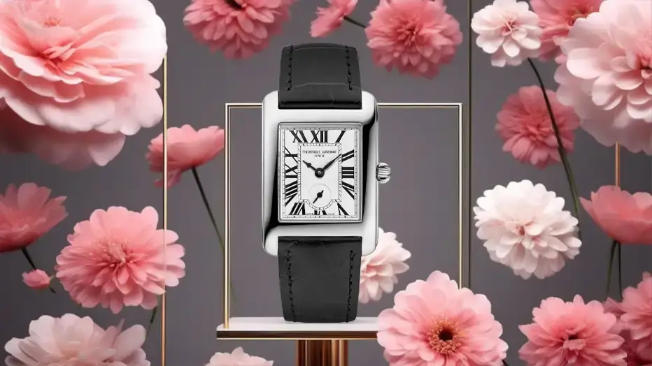 Dámské hodinky Frederique Constant Classics Carree na černém řemínku, inspirované retro stylem